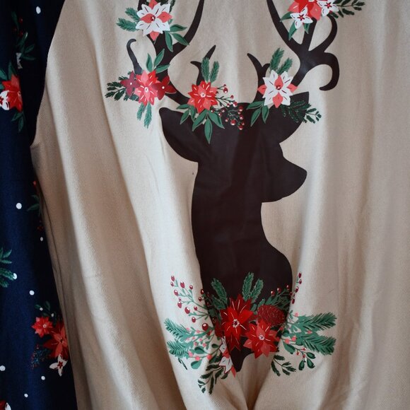 Tru Self Woman's Beige Holiday Stag Long Sleeve Front Knot Hooded Shirt Top Sz S - Picture 3 of 4